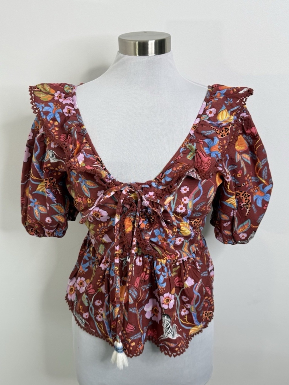 aeve By Anthropologie Safari Animals Ruffled Tie Front Tasseled Top Women’s M